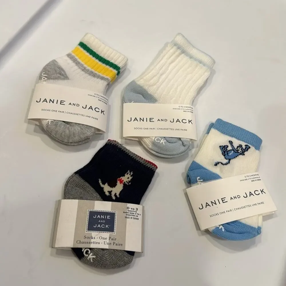 Janie and Jack Boy’s Assorted Socks- Set of 4 Size 0-3M